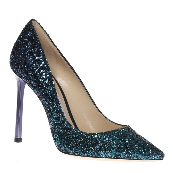 Jimmy Choo Authentic Romy Heels Blue Navy Leather Glitter Pumps Pointed Toe - Picture 8 of 8
